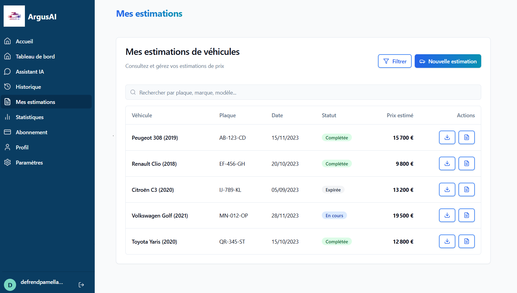 Capture d'écran Estimation